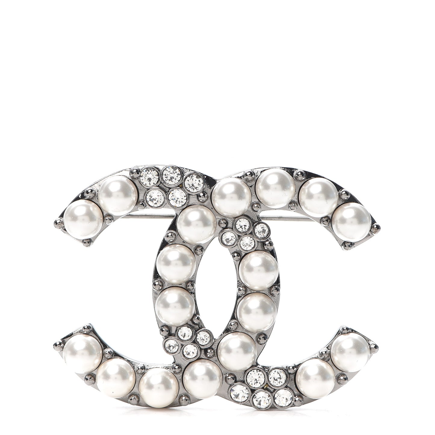Pearl Crystal CC Brooch Silver