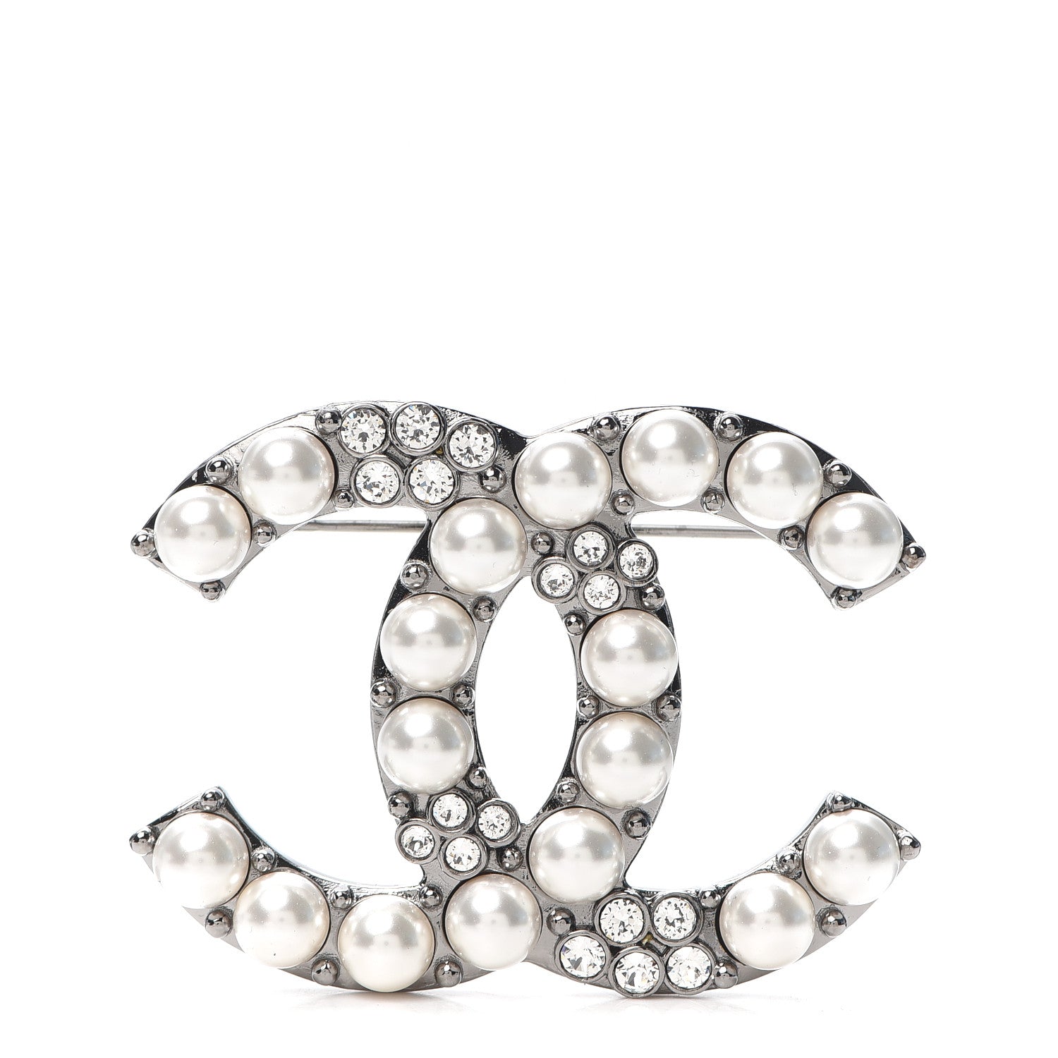 Chanel Pearl Crystal CC Brooch Silver 1 of 4
