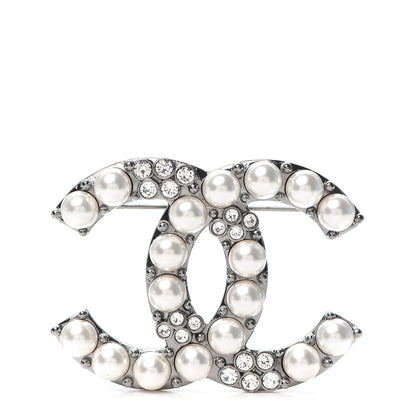 Chanel Pearl Crystal CC Brooch Silver 1 of 4