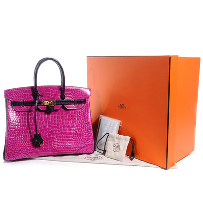 Hermes Shiny Porosus Crocodile Bi-Color Horseshoe Birkin 35 Rose Scheherazade/Amethyst 5 of 10