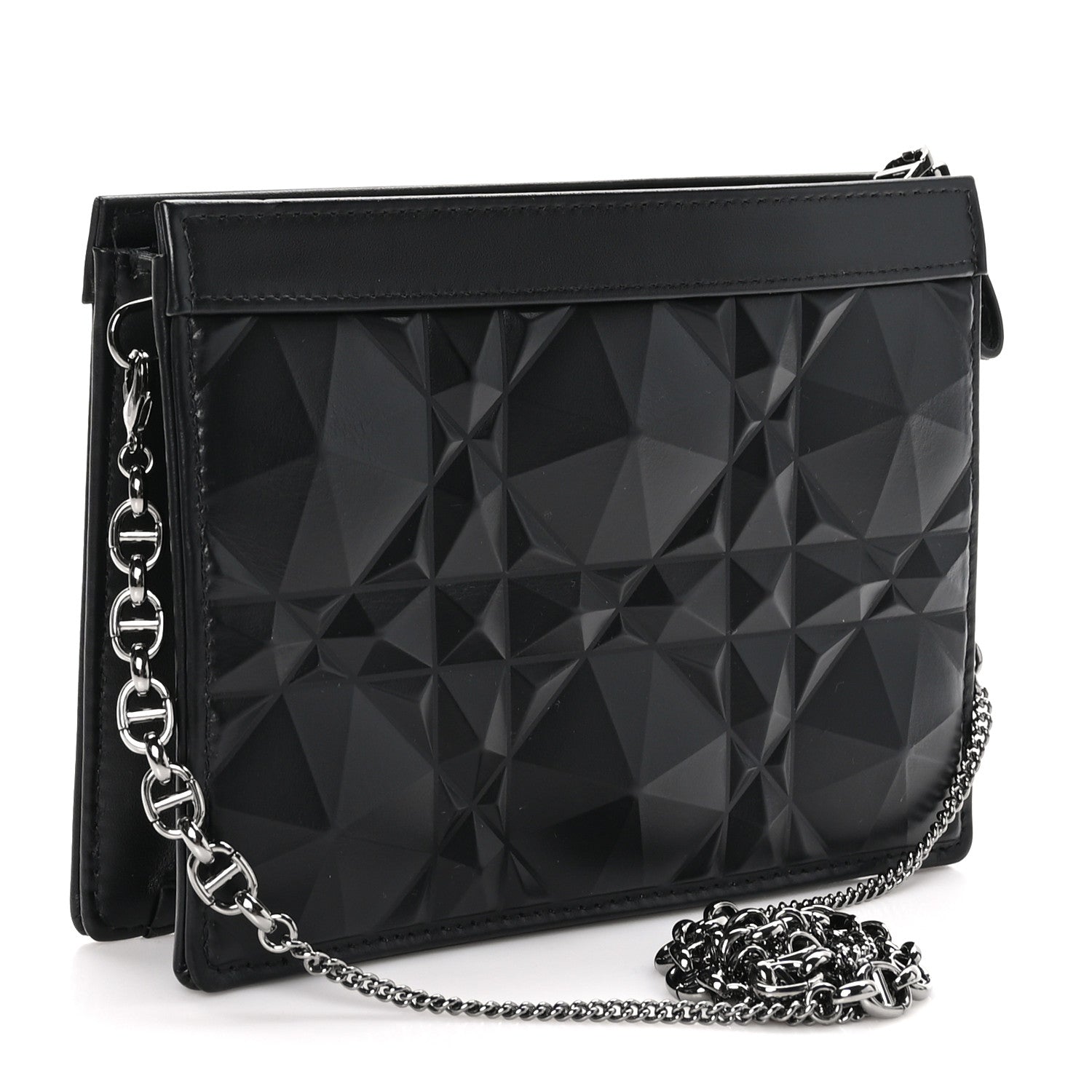 Christian Dior Calfskin Macrocannage Diamond Caro Zipped Pouch With Chain Black 3 of 11