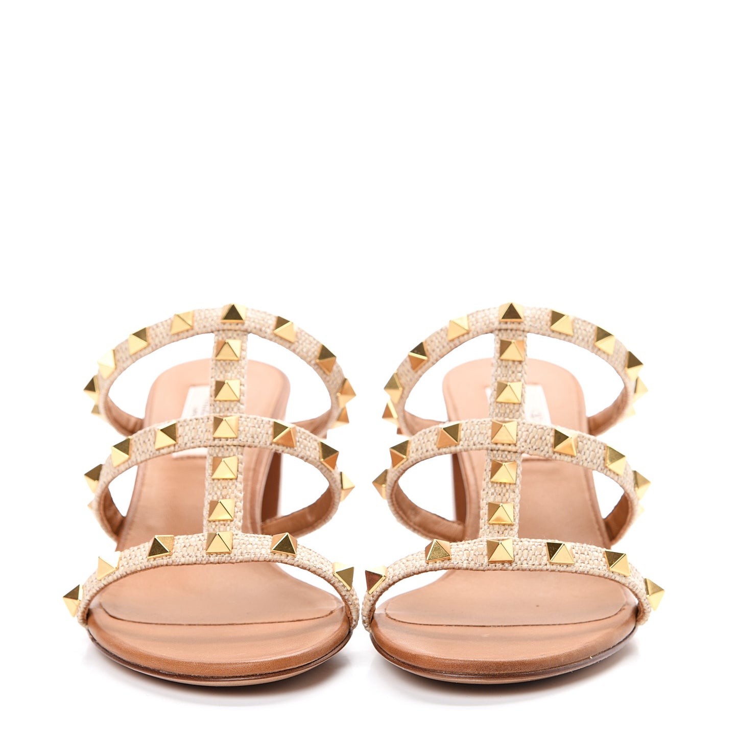Raffia Calfskin Rockstud 60mm Caged Slide Sandals 35.5 Naturale