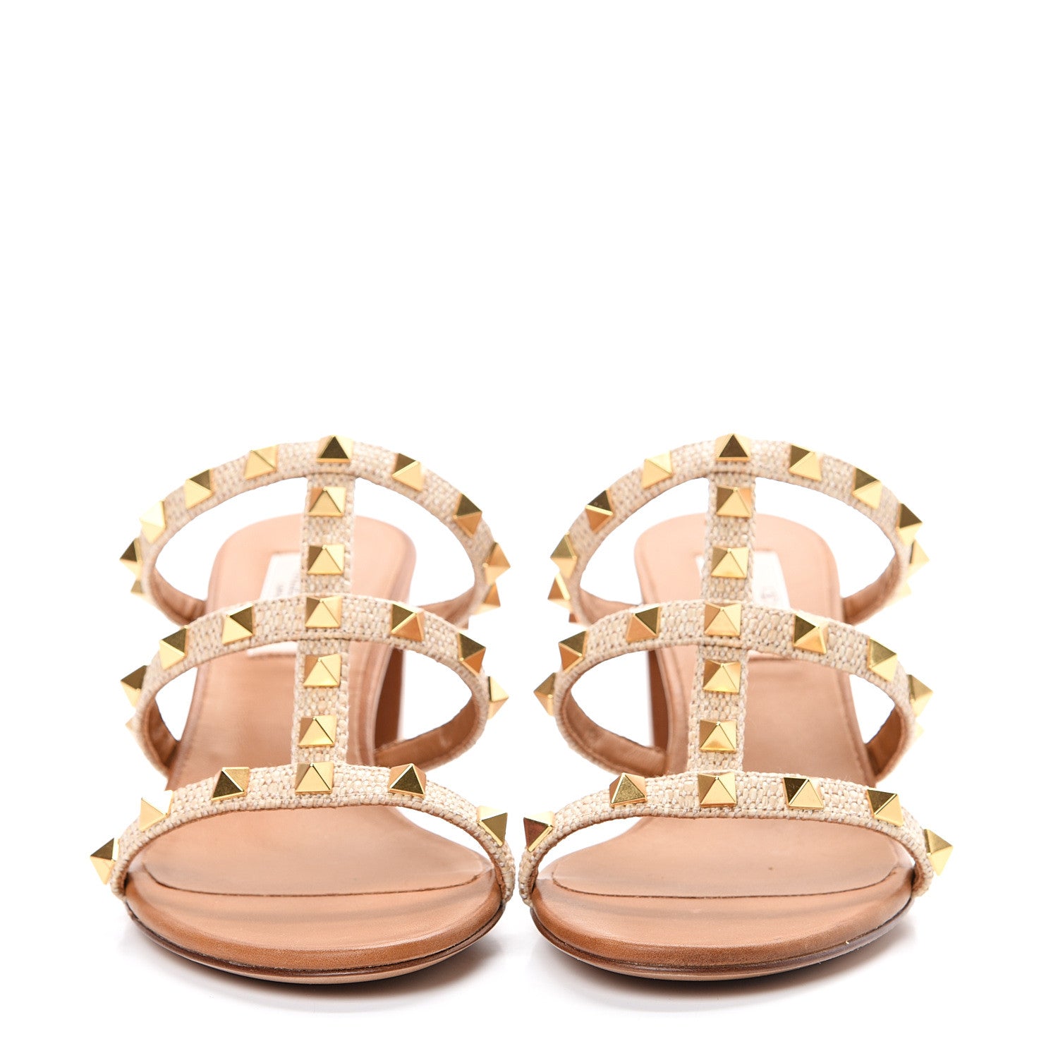 Valentino Garavani Raffia Calfskin Rockstud 60mm Caged Slide Sandals 35.5 Naturale 2 of 9