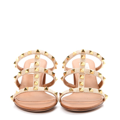 Valentino Garavani Raffia Calfskin Rockstud 60mm Caged Slide Sandals 35.5 Naturale 2 of 9