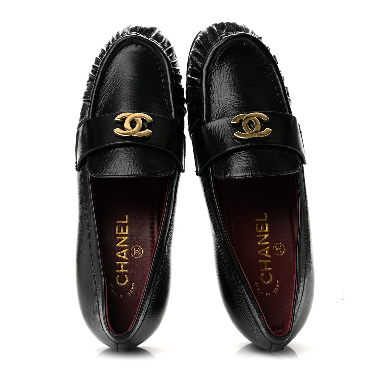 Crumpled Shiny Lambskin CC Mocassin Loafers 39 Black