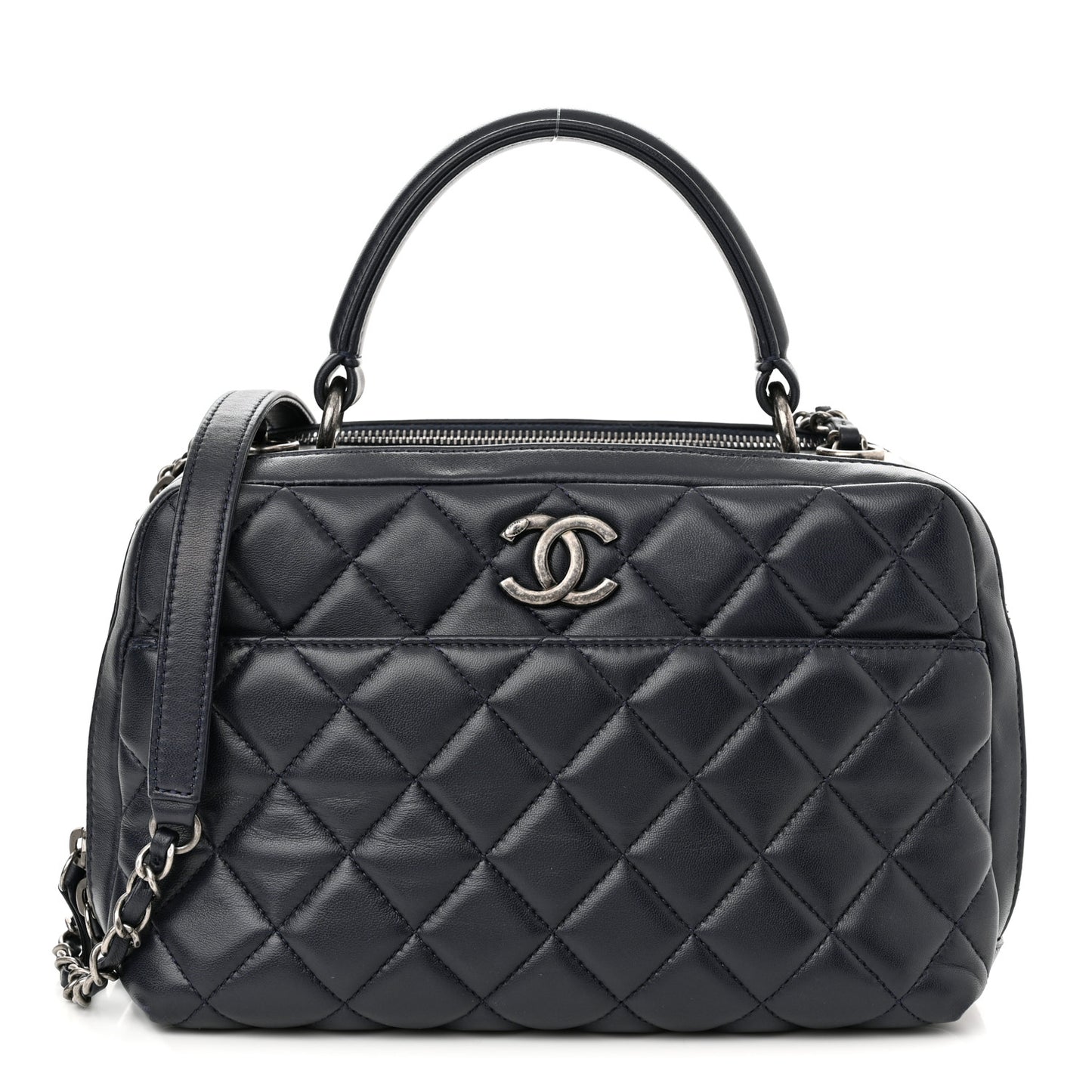 Lambskin Quilted Medium Trendy CC Bowling Bag Navy