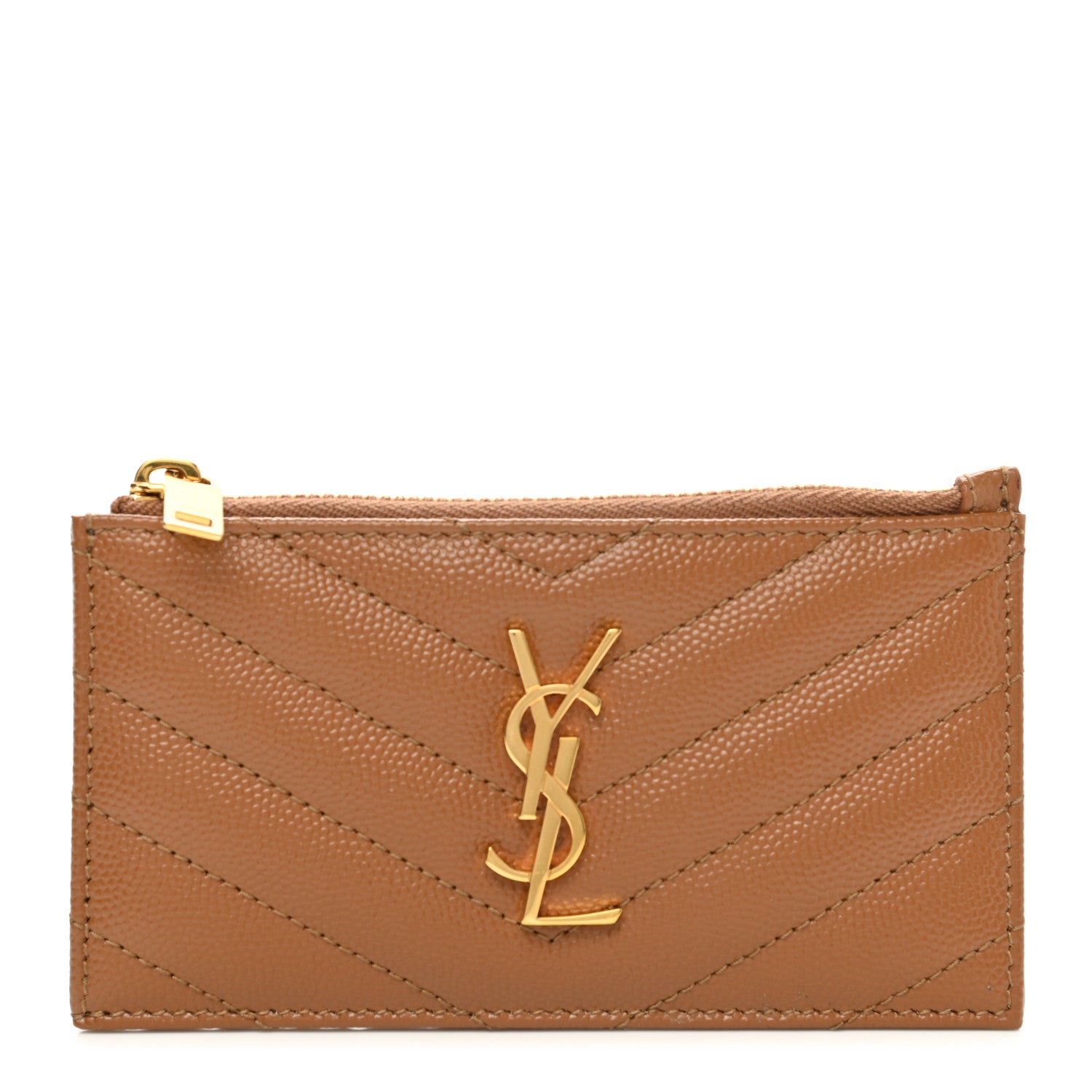 Saint Laurent Grain De Poudre Matelasse Chevron Monogram Fragments Zippered Card Case Cork 1 of 9