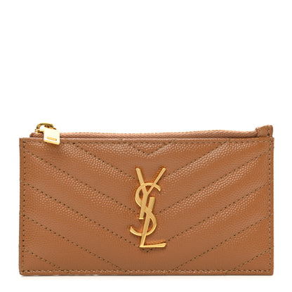 Saint Laurent Grain De Poudre Matelasse Chevron Monogram Fragments Zippered Card Case Cork 1 of 9