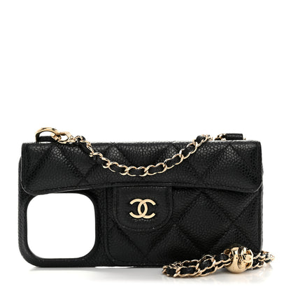 Chanel Caviar Quilted Pearl Crush iPhone 15 Pro Holder With Chain Black 1 of 7