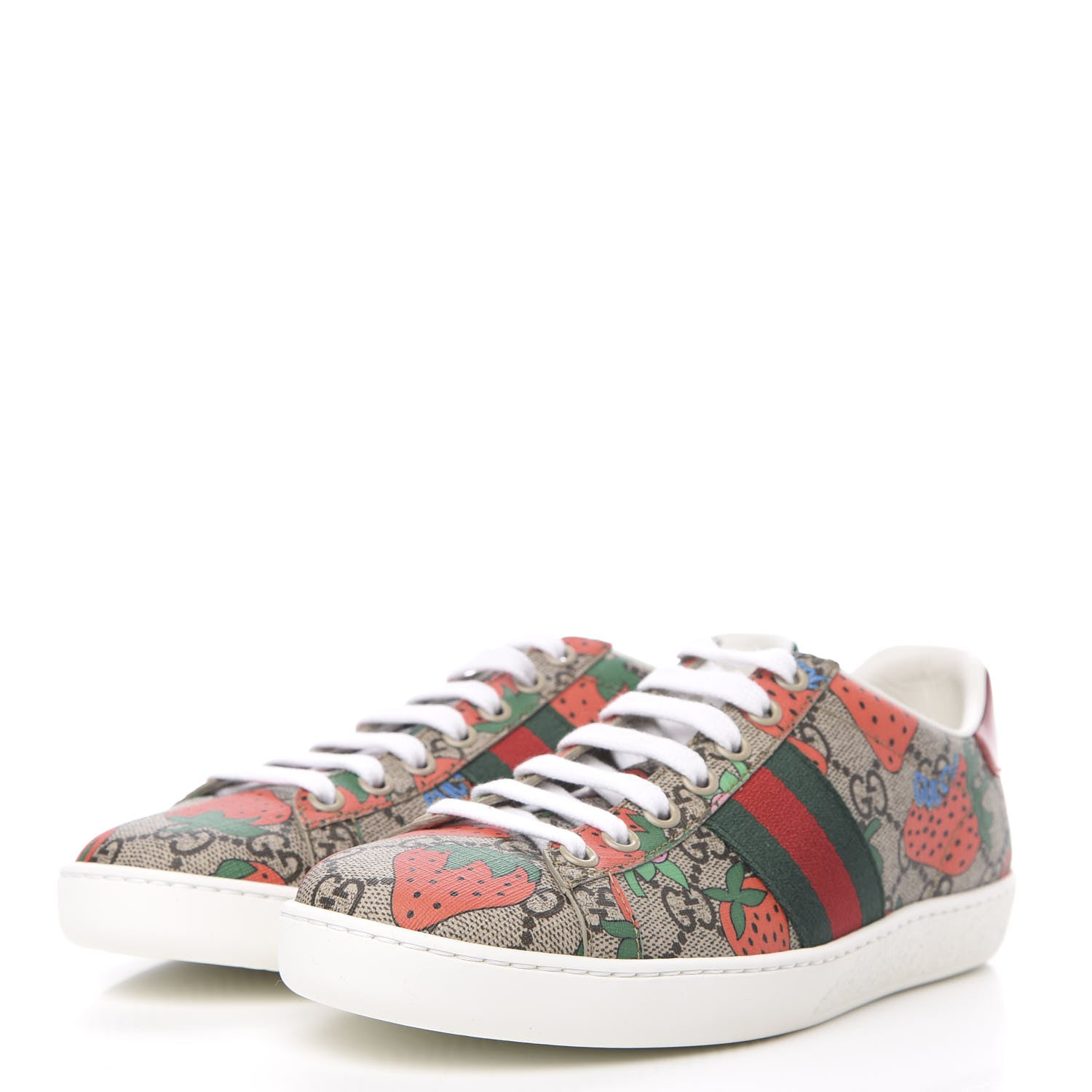 Gucci GG Supreme Monogram Strawberry Web Womens Ace Sneakers 35.5 Beige Multicolor Red Green 3 of 10