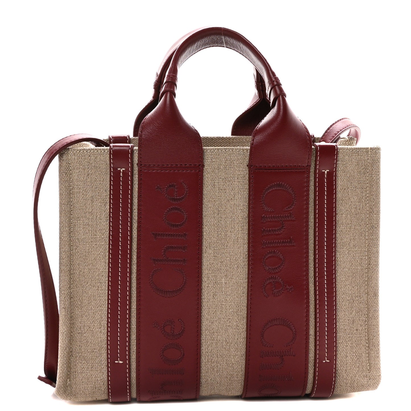 Cotton Calfskin Small Woody Ribbon Tote With Strap Dark Ruby
