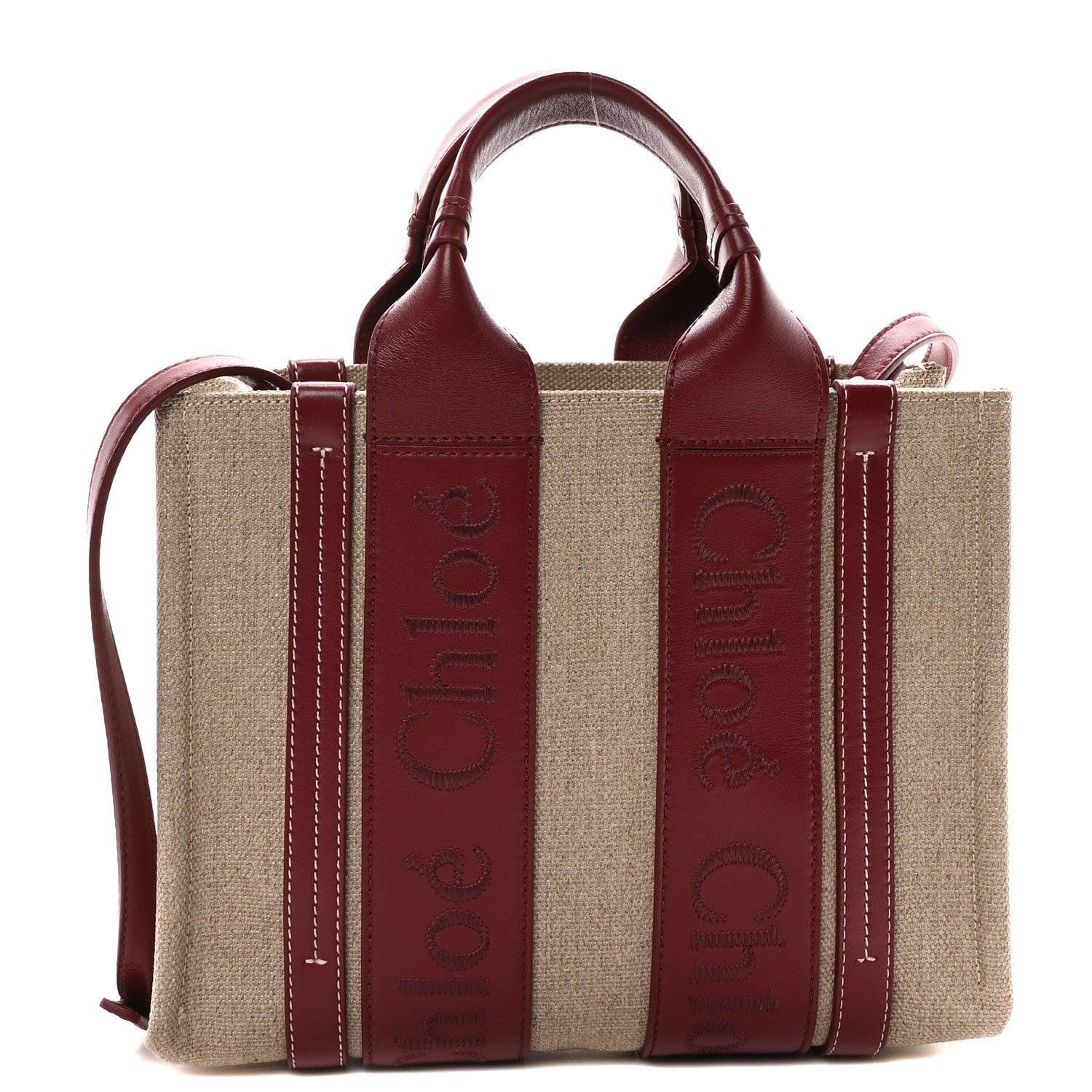 Chloe Cotton Calfskin Small Woody Ribbon Tote With Strap Dark Ruby 1 of 9