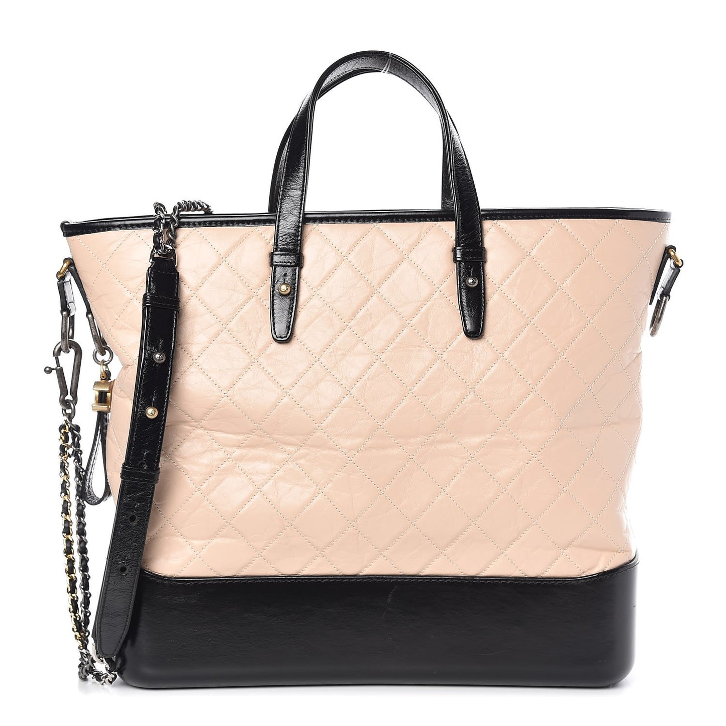 Aged Calfskin Quilted Large Gabrielle Shopping Tote Beige Black