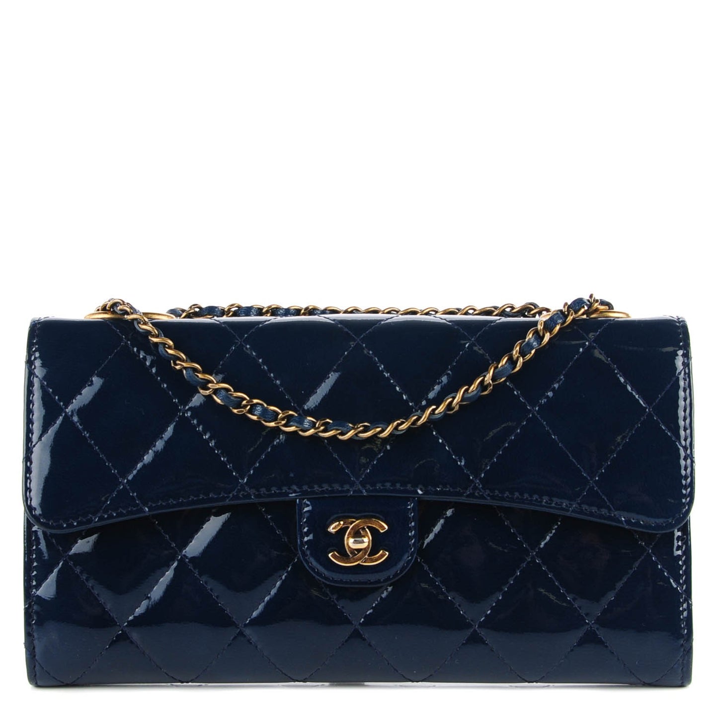 Patent Goatskin Quilted CC Eyelet Wallet On Chain Blue