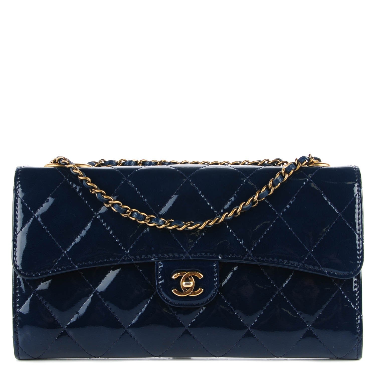 Chanel Patent Goatskin Quilted CC Eyelet Wallet On Chain Blue 1 of 8