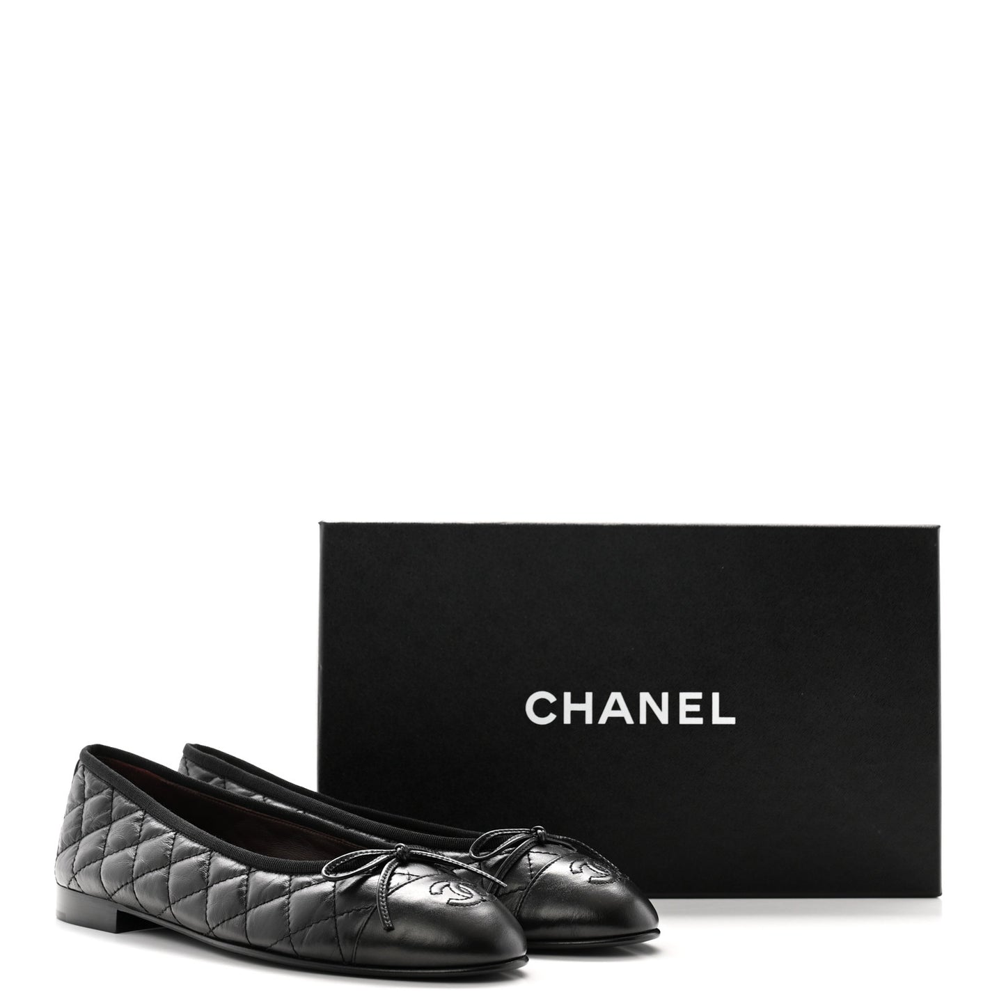 Aged Calfskin Quilted CC Cap Toe Ballerina Flats 38.5 Black