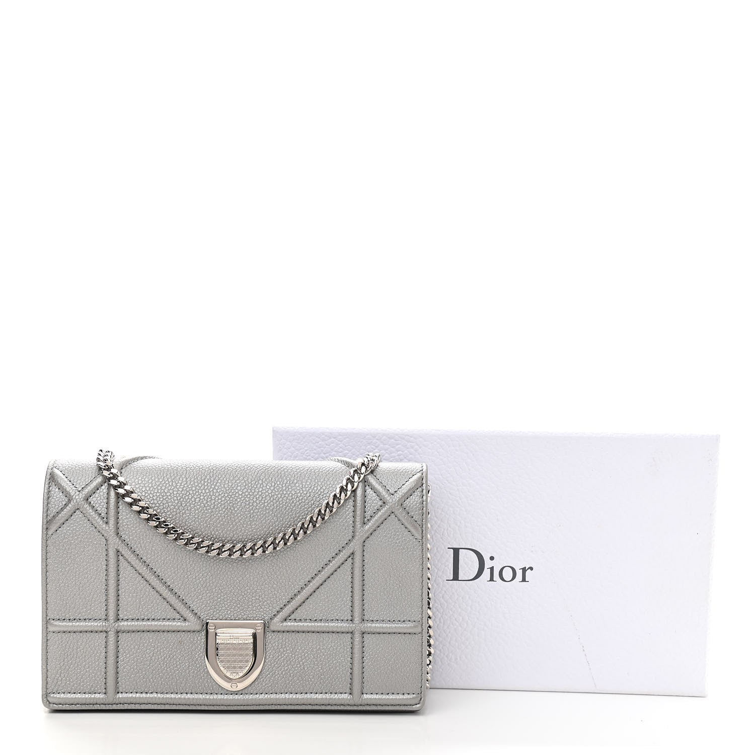 Christian Dior Metallic Grained Calfskin Diorama Wallet on Chain Pouch Silver 11 of 11