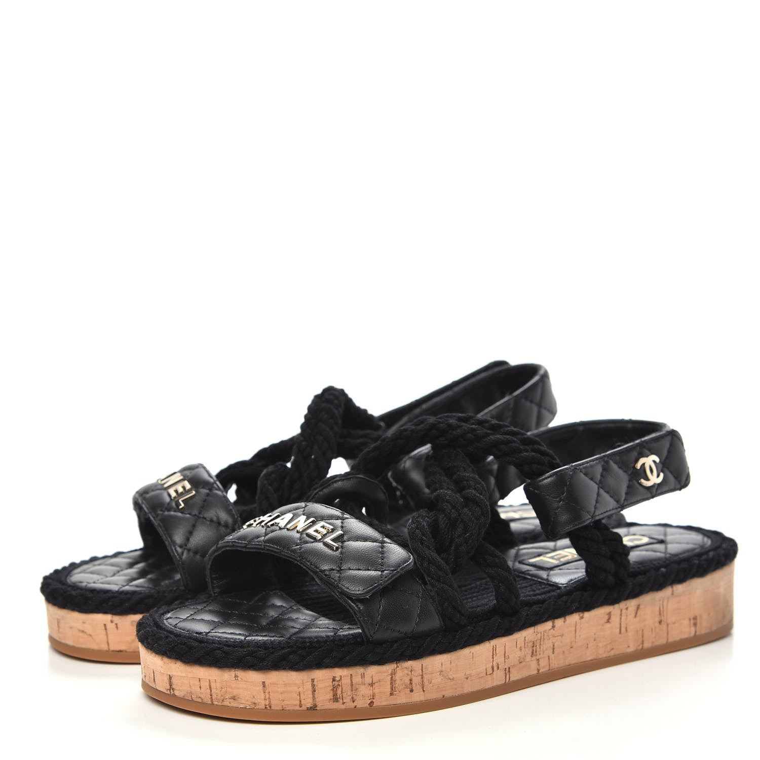 Chanel Cord Lambskin Quilted Logo Sandals 37 Black 3 of 11