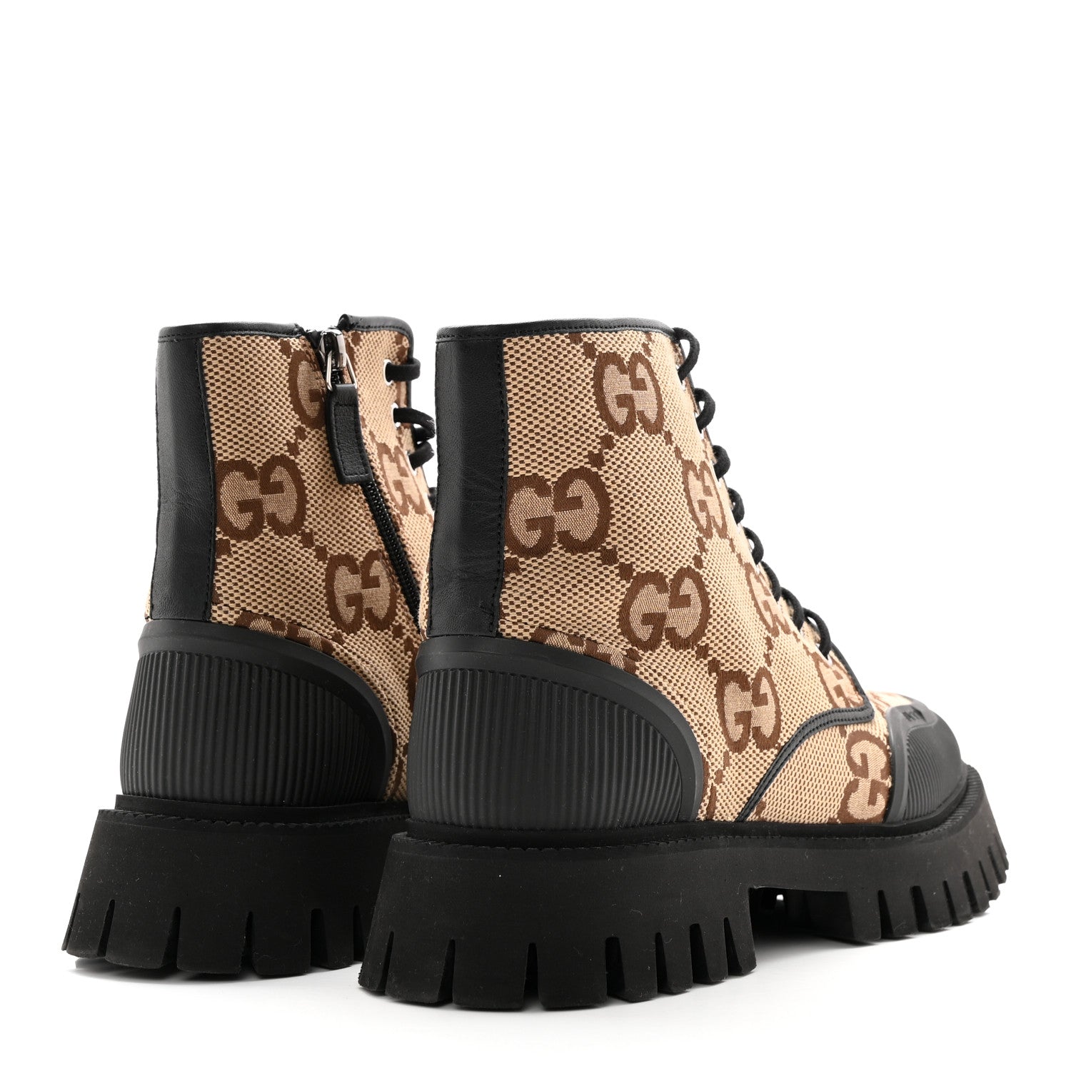 Gucci Monogram Jumbo GG Miro Soft Calfskin Mens Lace Up Combat Boots 8 Camel Ebony Black 4 of 12