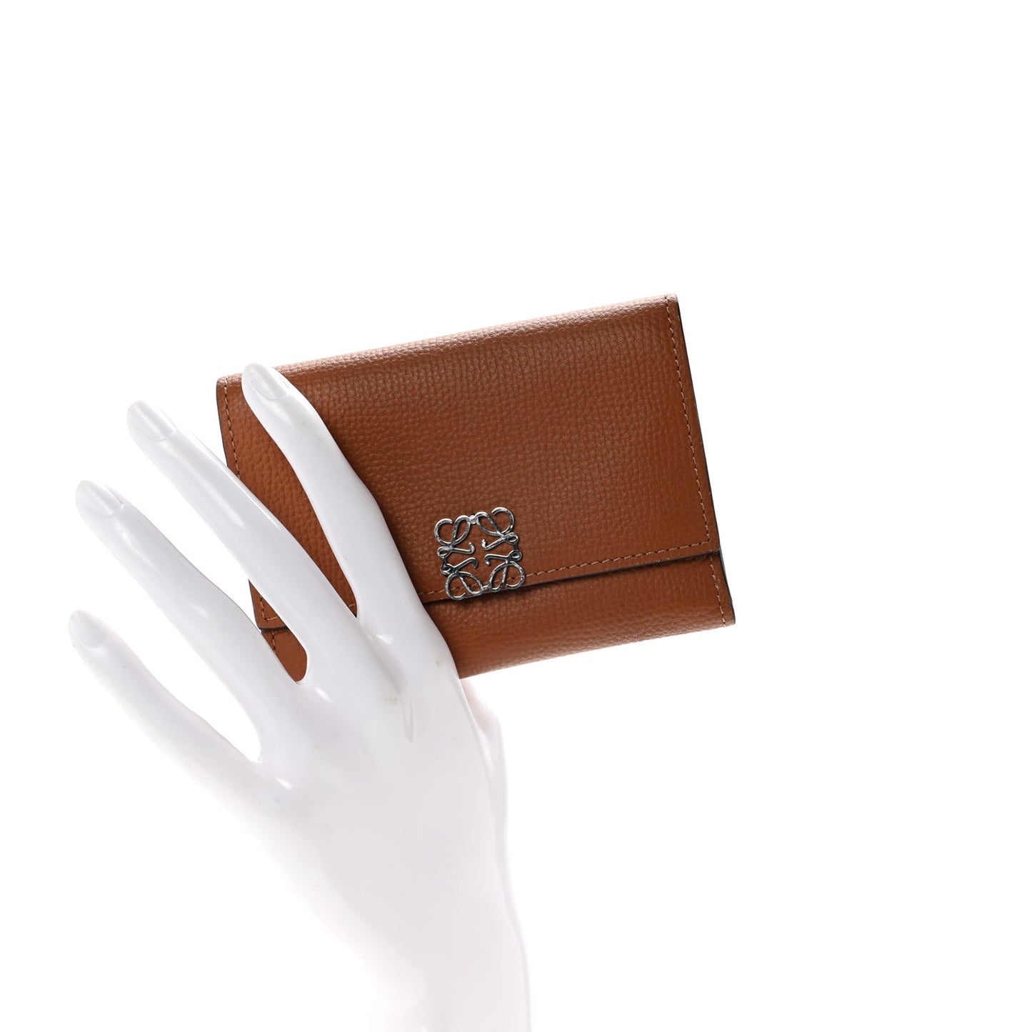 Pebble Grain Calfskin Anagram Small Vertical Wallet Tan