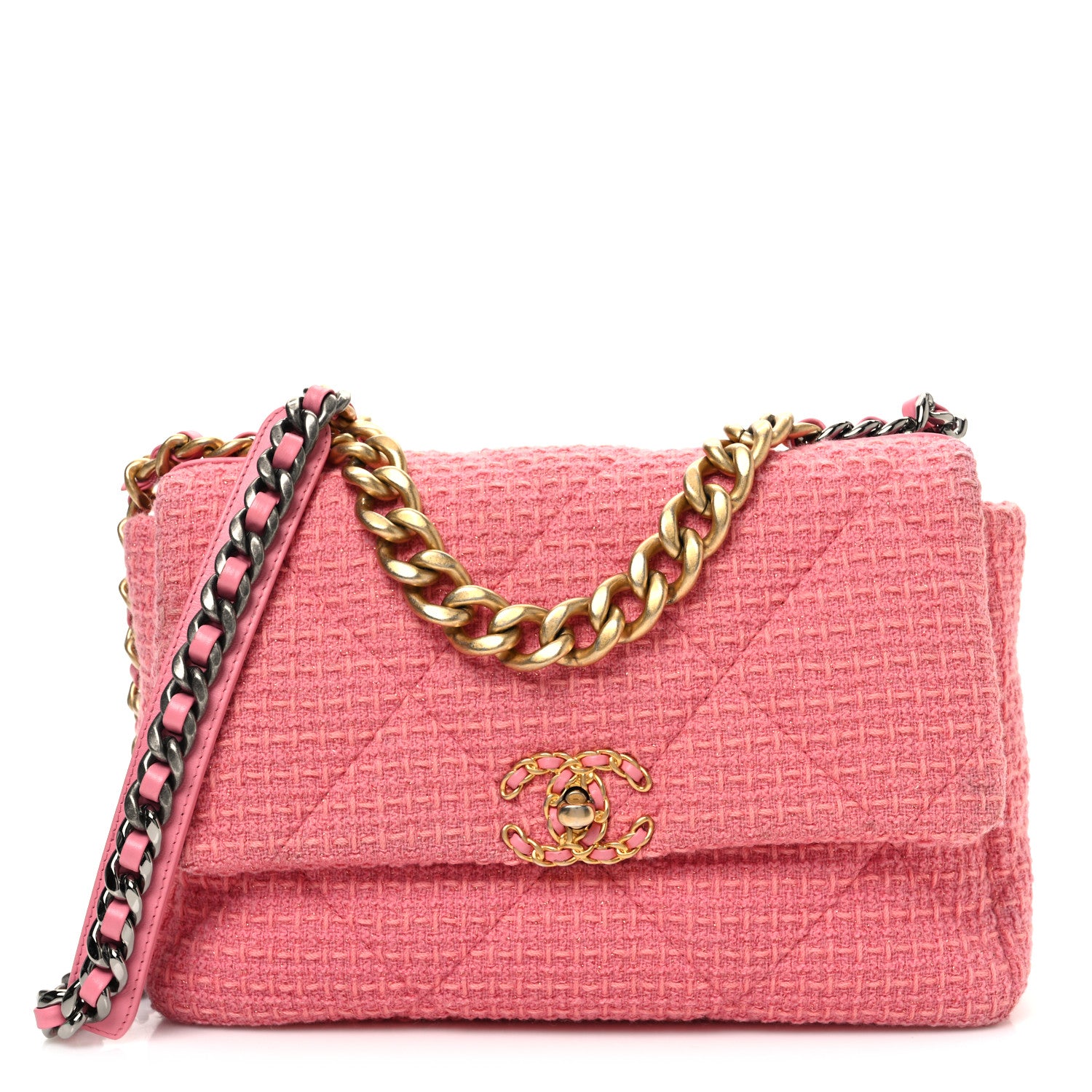 Chanel Metallic Tweed Quilted Large Chanel 19 Flap Pink 1 of 11