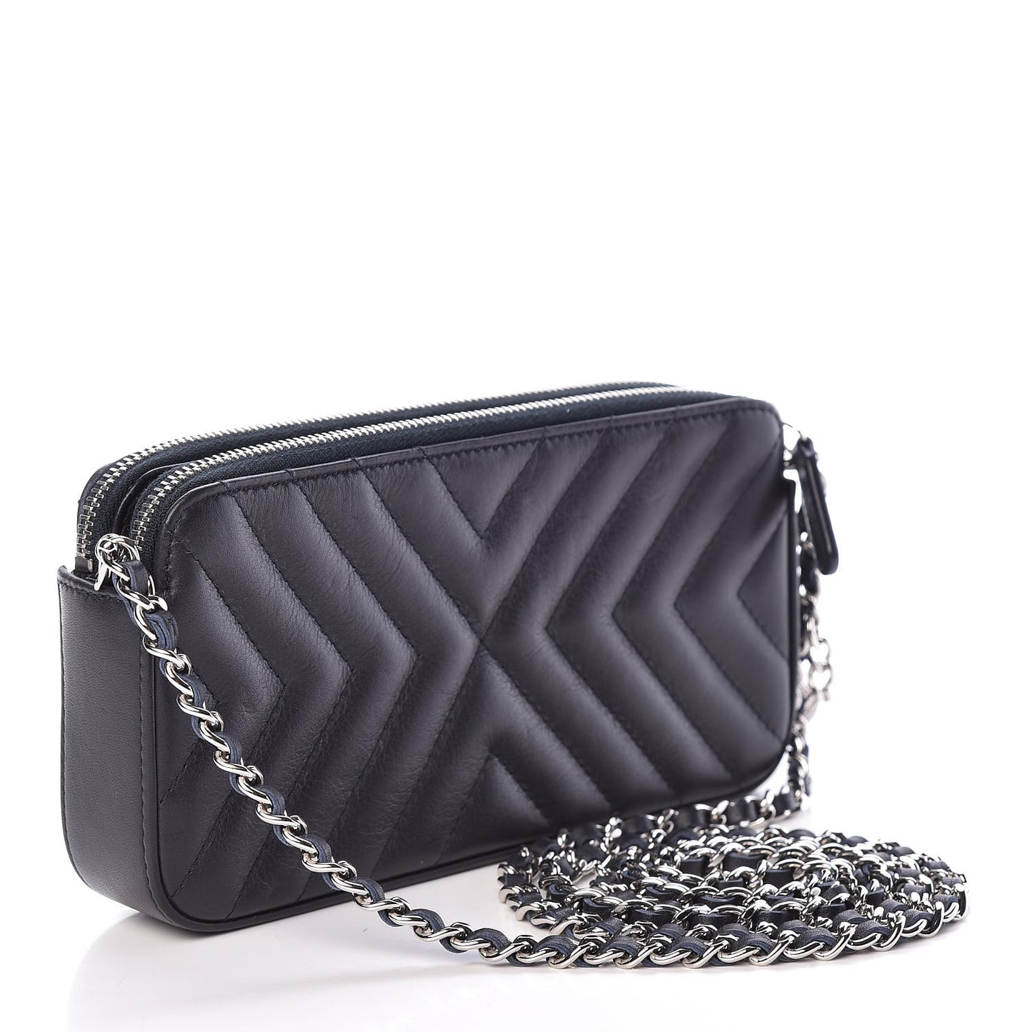Calfskin Chevron Quilted Tassel Clutch With Chain Navy