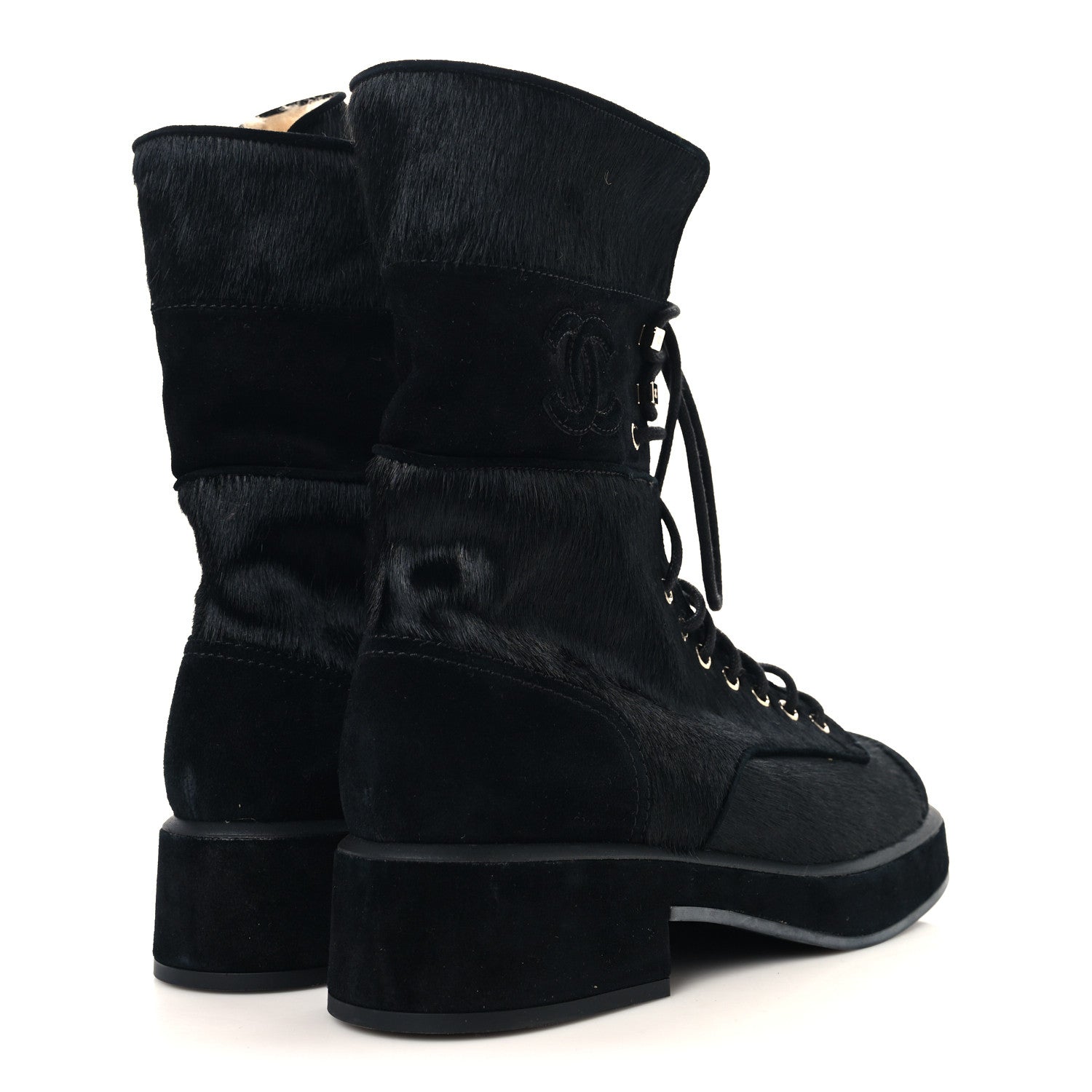 Chanel Suede Pony Hair Shearling Lace Up Combat Boots 39.5 Black White 4 of 8