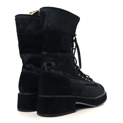 Chanel Suede Pony Hair Shearling Lace Up Combat Boots 39.5 Black White 4 of 8