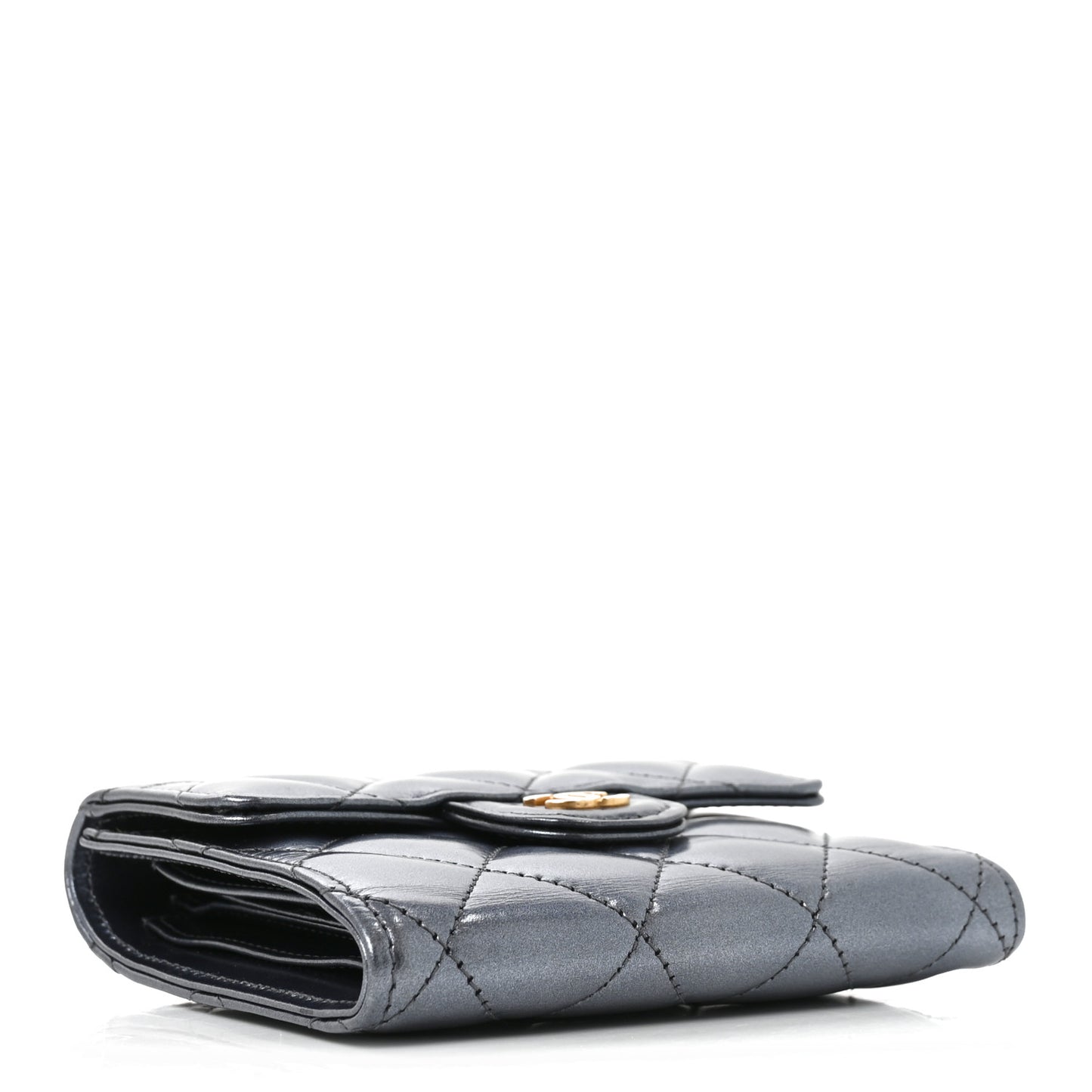 Iridescent Lambskin Quilted Compact Flap Navy