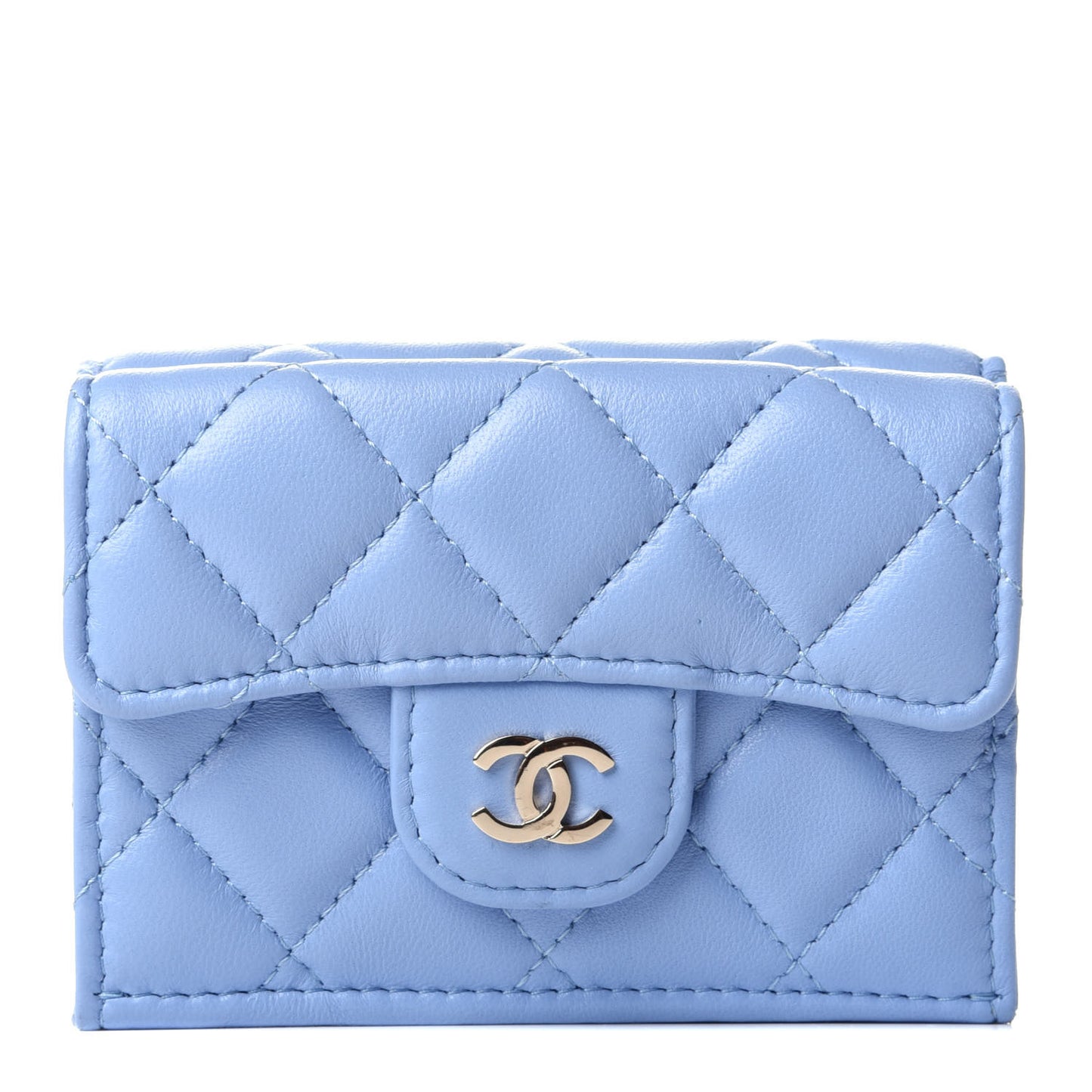 Lambskin Quilted Double Flap Wallet Light Blue