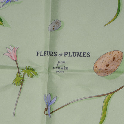 Hermes Silk Fleurs et Plumes Scarf 90 Green 3 of 5