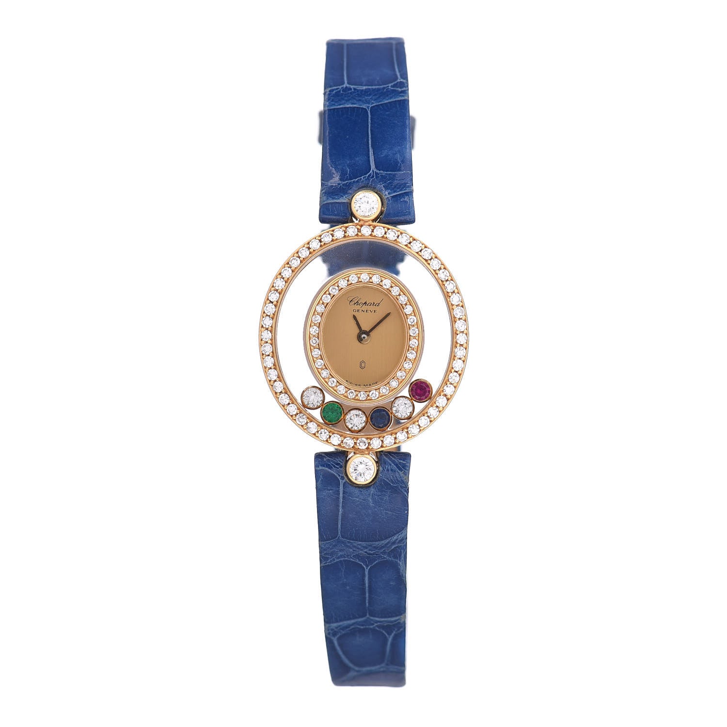 Chopard 18K Yellow Gold Diamond Bezel Multi Gemstone 22mm Happy Diamonds Quartz Watch 1 of 6