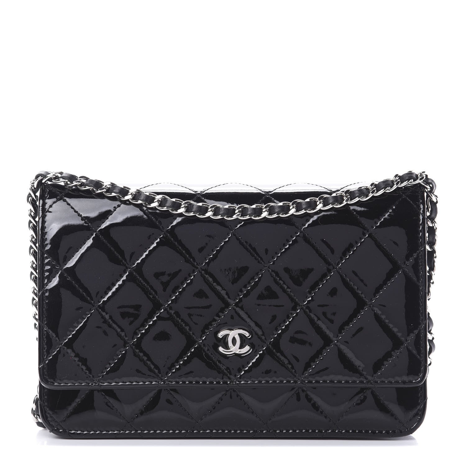 Chanel Patent Quilted Wallet On Chain WOC Black 1 of 15