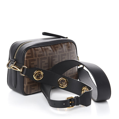 Fendi Glazed Fabric Vitello Century F is Fendi FF 1974 Stamp Patch Camera Case Mogano Panna Black 2 of 7