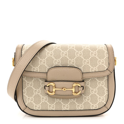 Gucci GG Supreme Monogram Textured Dollar Calfskin Web Mini Horsebit 1955 Shoulder Bag Beige Mystic White Oatmeal 1 of 12