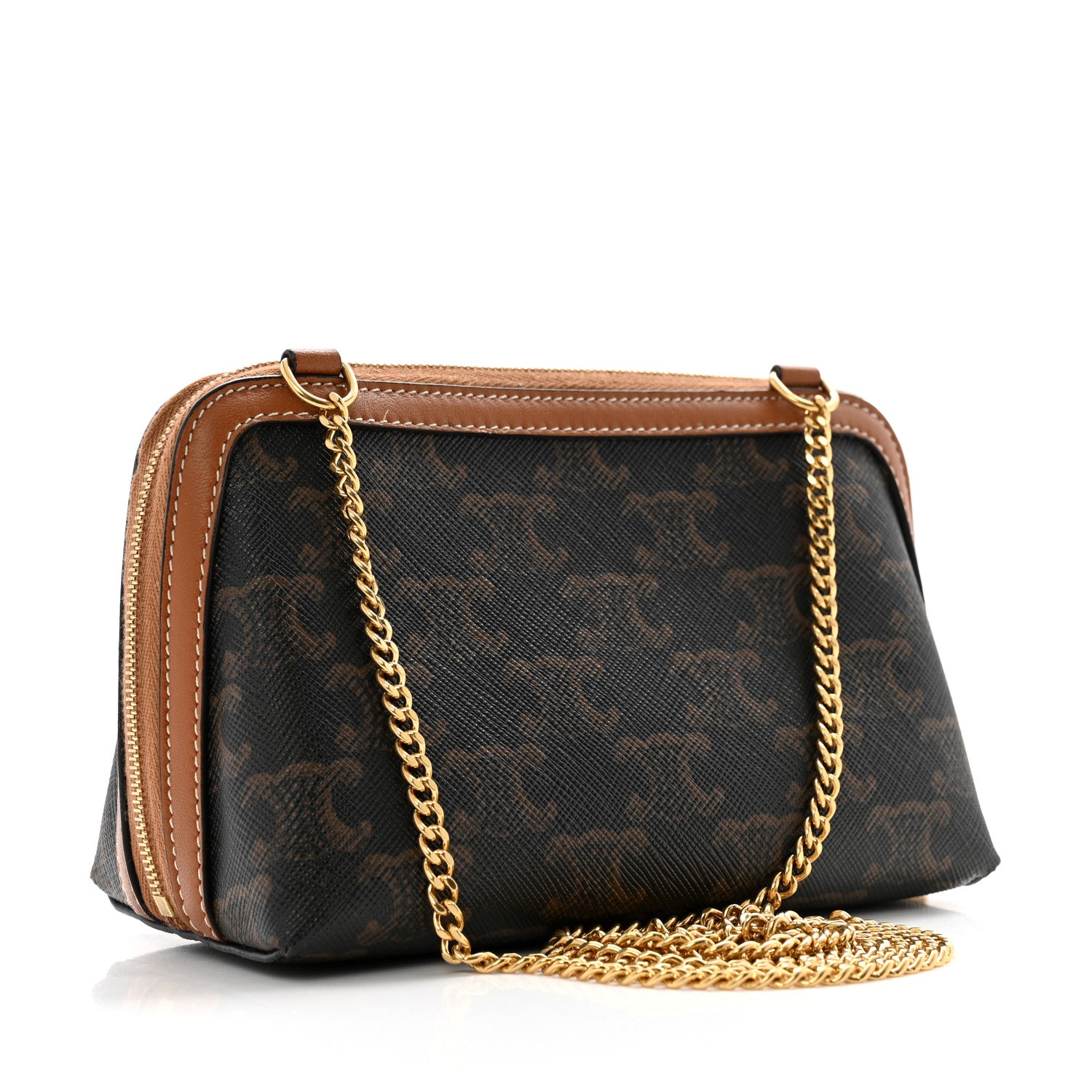 Celine Lambskin Triomphe Canvas Embroidered Logo Clutch With Chain Tan 3 of 10
