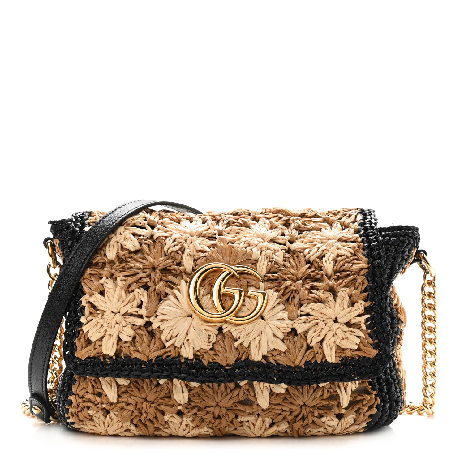 Gucci Raffia Azalea Calfskin Crochet Flower Small GG Marmont Shoulder Bag Natural Ecru Black 1 of 9