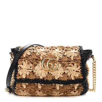 Gucci Raffia Azalea Calfskin Crochet Flower Small GG Marmont Shoulder Bag Natural Ecru Black 1 of 9