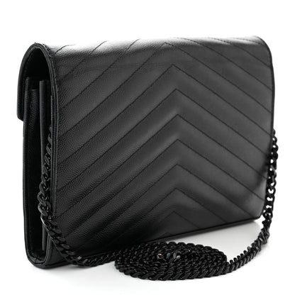 Saint Laurent Grain De Poudre Matelasse Chevron Monogram Monochrome Chain Wallet Black 3 of 12