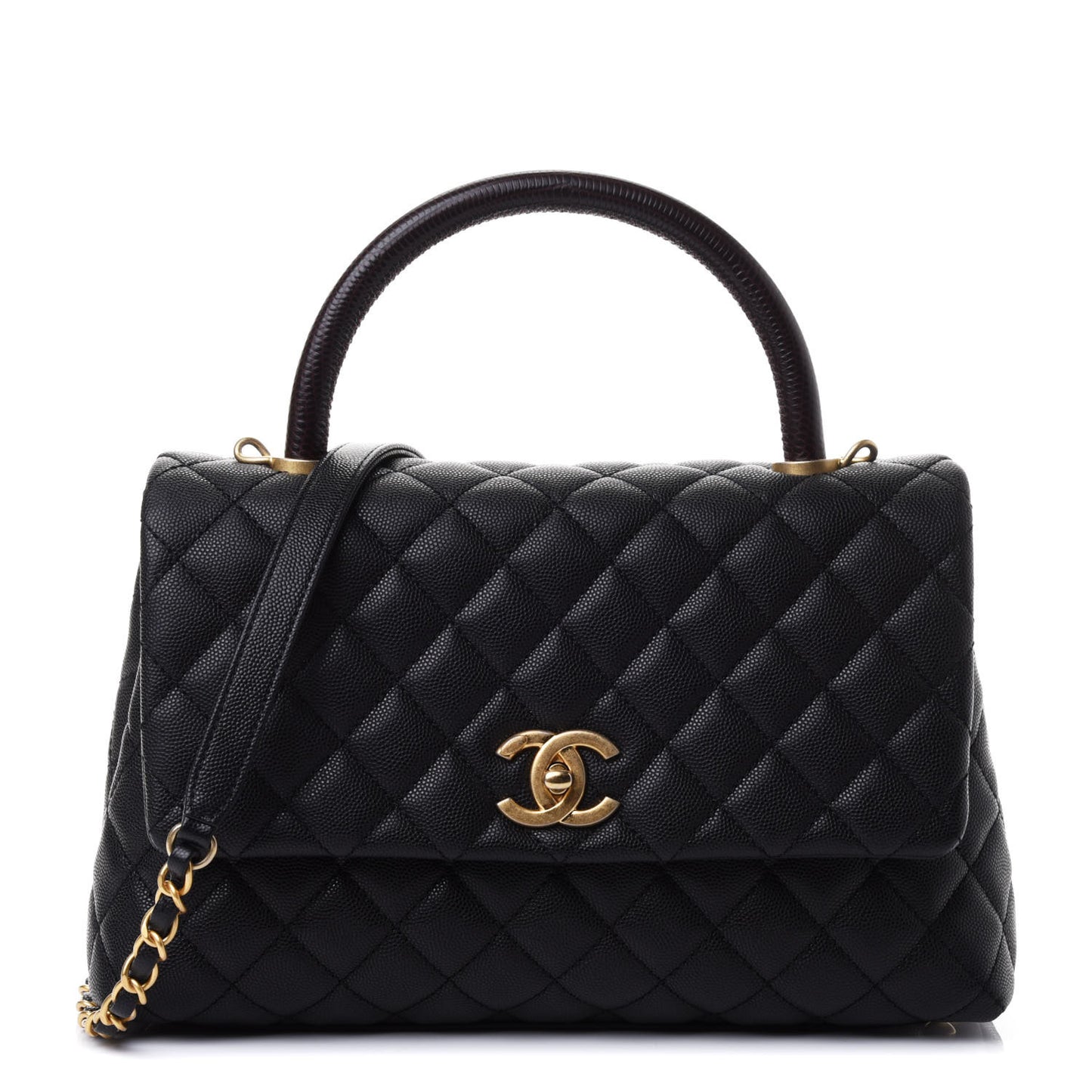 Caviar Lizard Embossed Quilted Small Coco Handle Flap Black