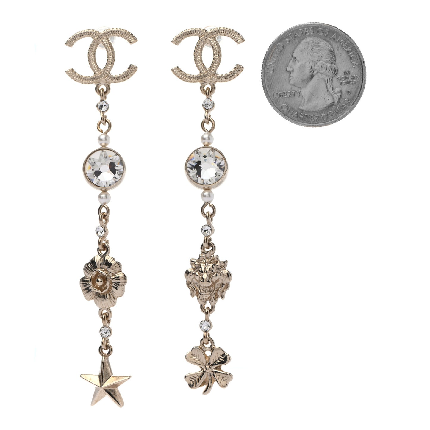 Crystal Pearl CC Charms Drop Earrings Gold