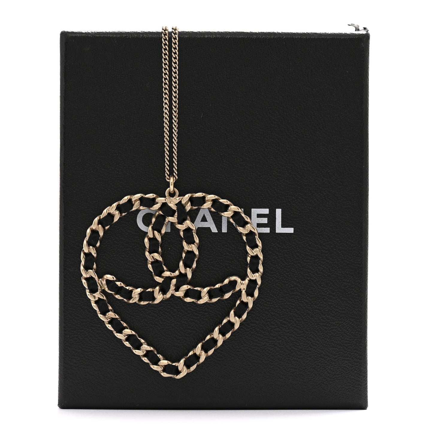 Satin Metal Chain CC Heart Necklace Black Gold
