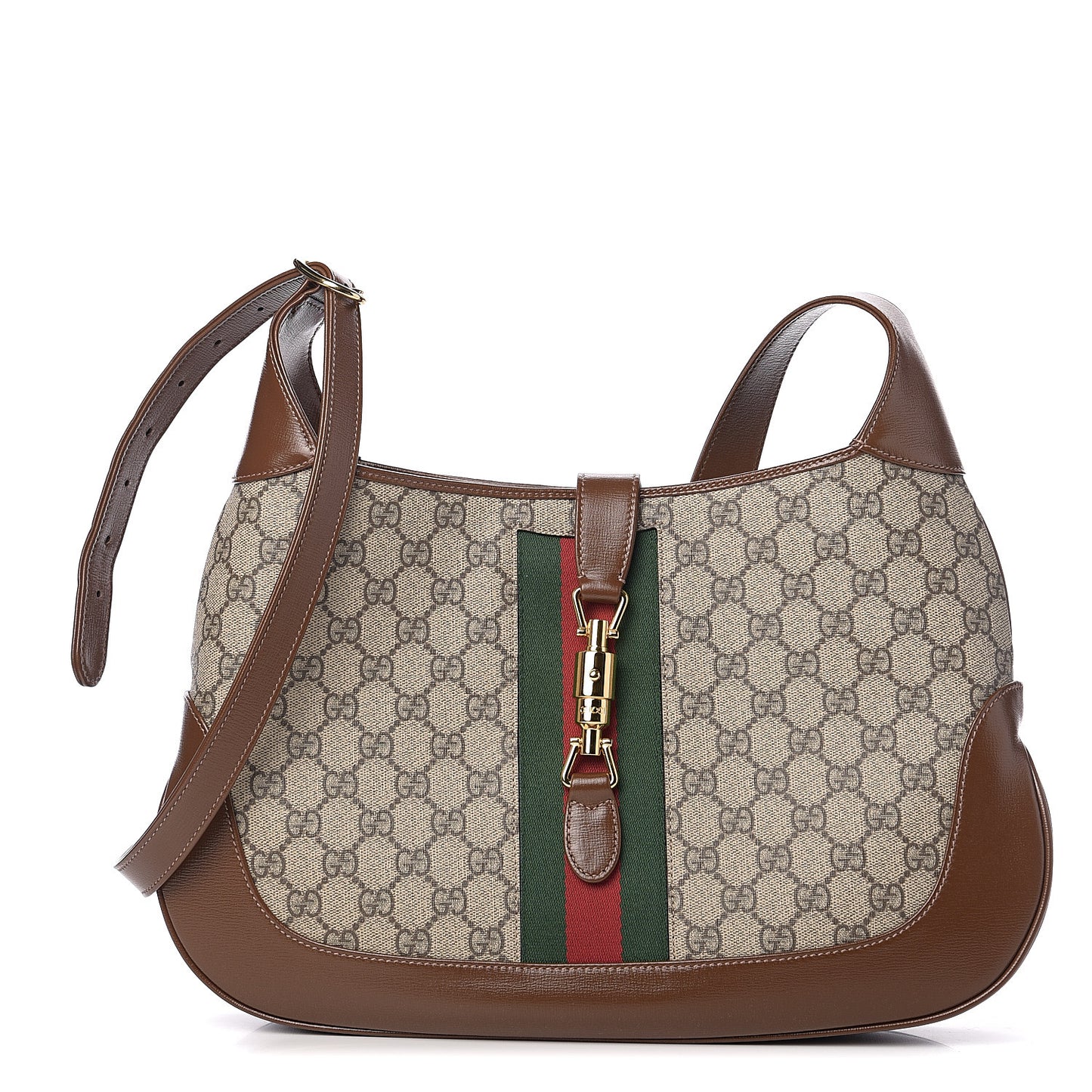 GG Supreme Monogram Azalea Calfskin Web Medium Jackie 1961 Hobo Beige Ebony Brown Sugar