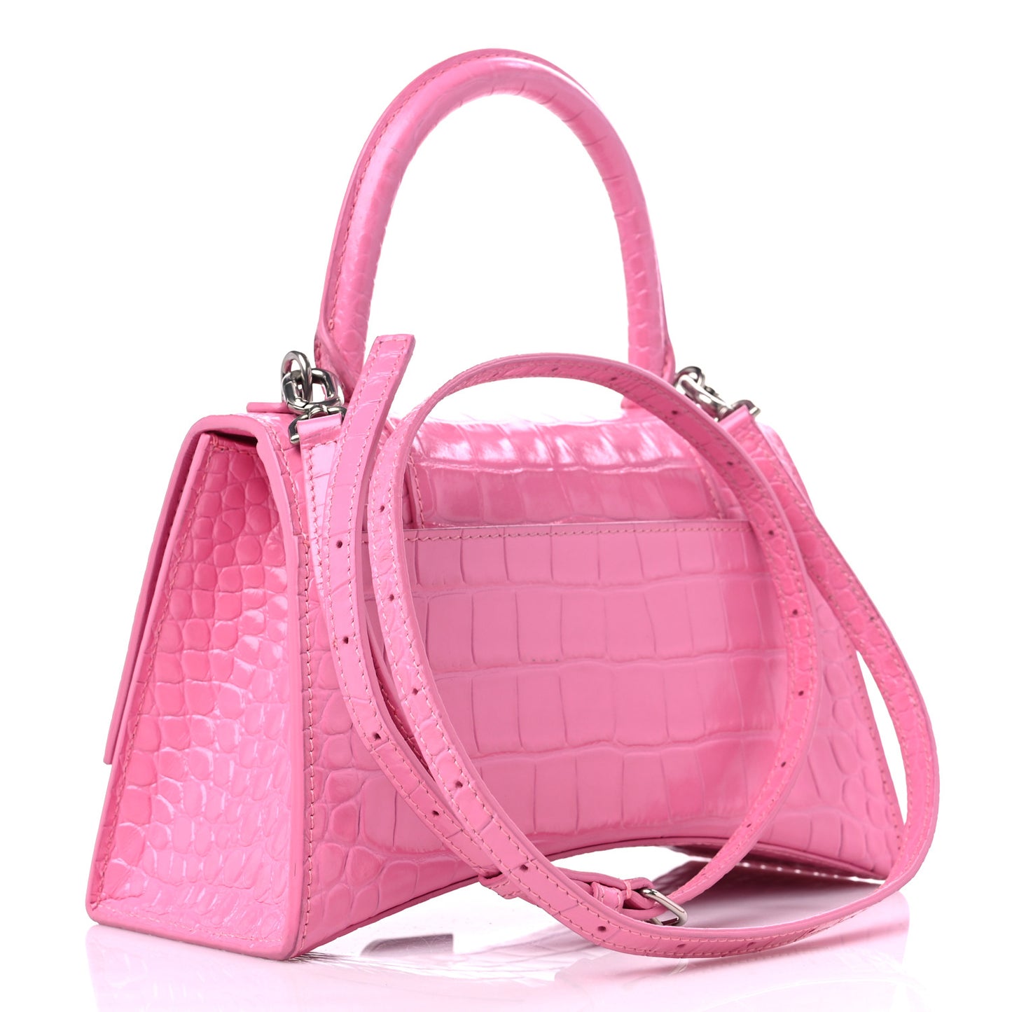 Shiny Calfskin Crocodile Embossed Small Hourglass Top Handle Bag Baby Pink