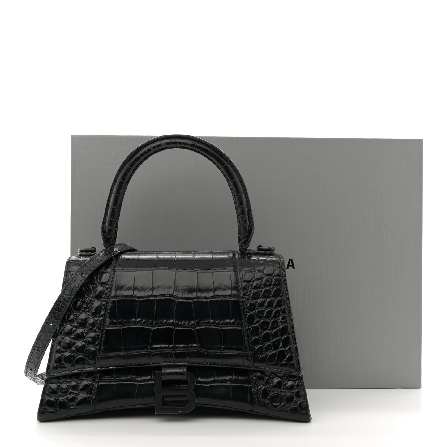 Shiny Calfskin Monochrome Crocodile Embossed Small Hourglass Top Handle Bag Black