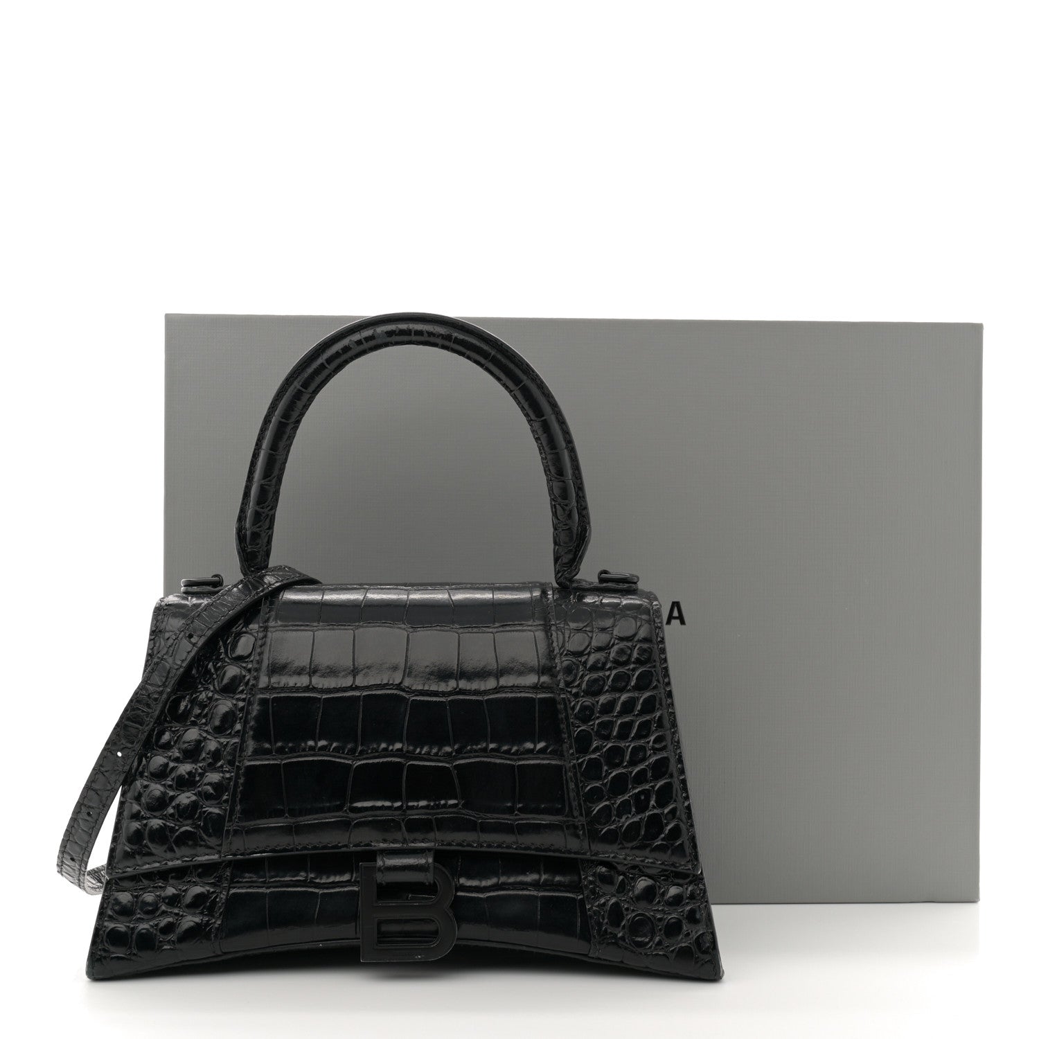 Balenciaga Shiny Calfskin Monochrome Crocodile Embossed Small Hourglass Top Handle Bag Black 17 of 17