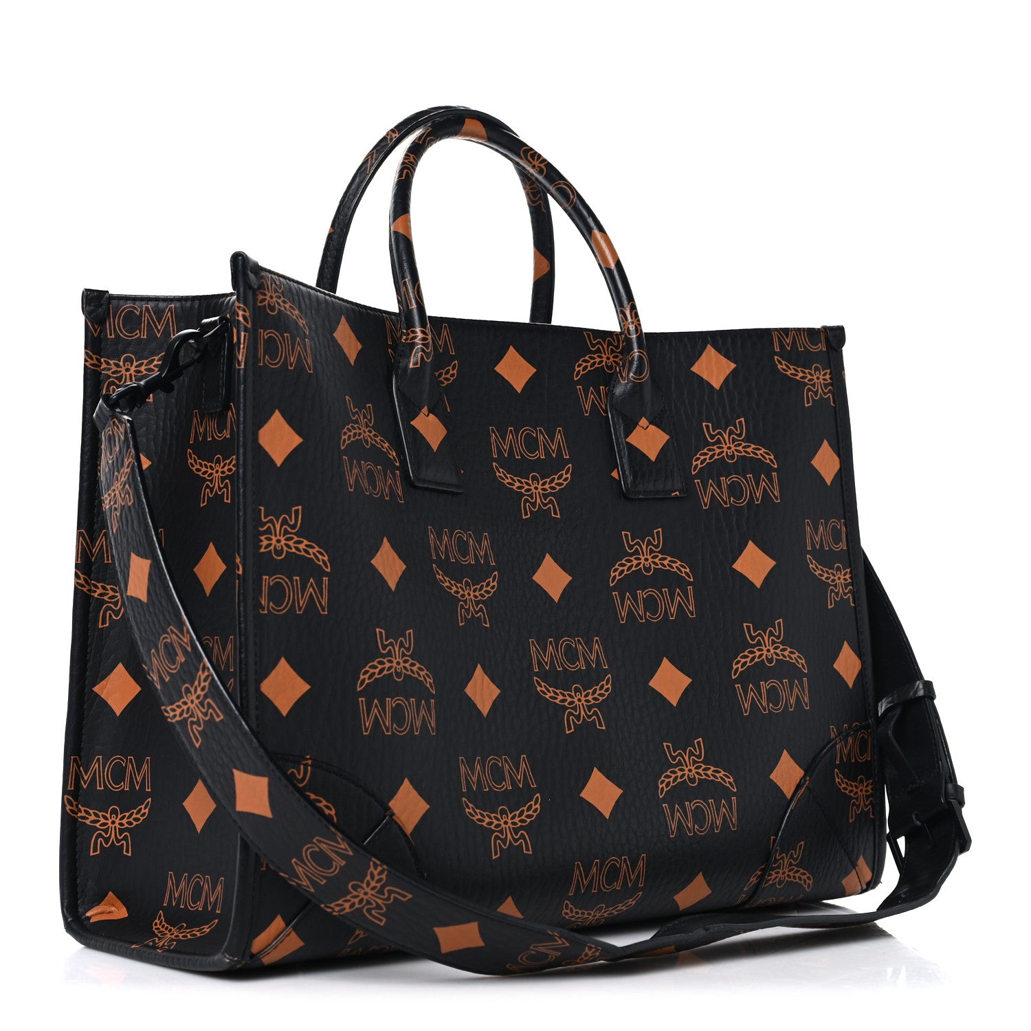 MCM Visetos Maxi Large Munchen Tote Black Cognac 4 of 14