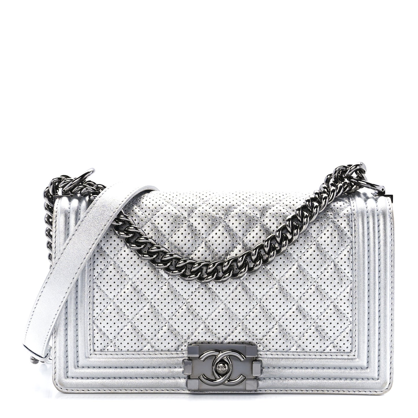 Metallic Perforated Lambskin Quilted Medium Boy Flap Argent
