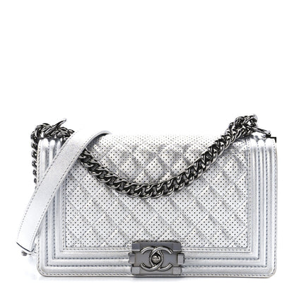 Chanel Metallic Perforated Lambskin Quilted Medium Boy Flap Argent 1 of 11