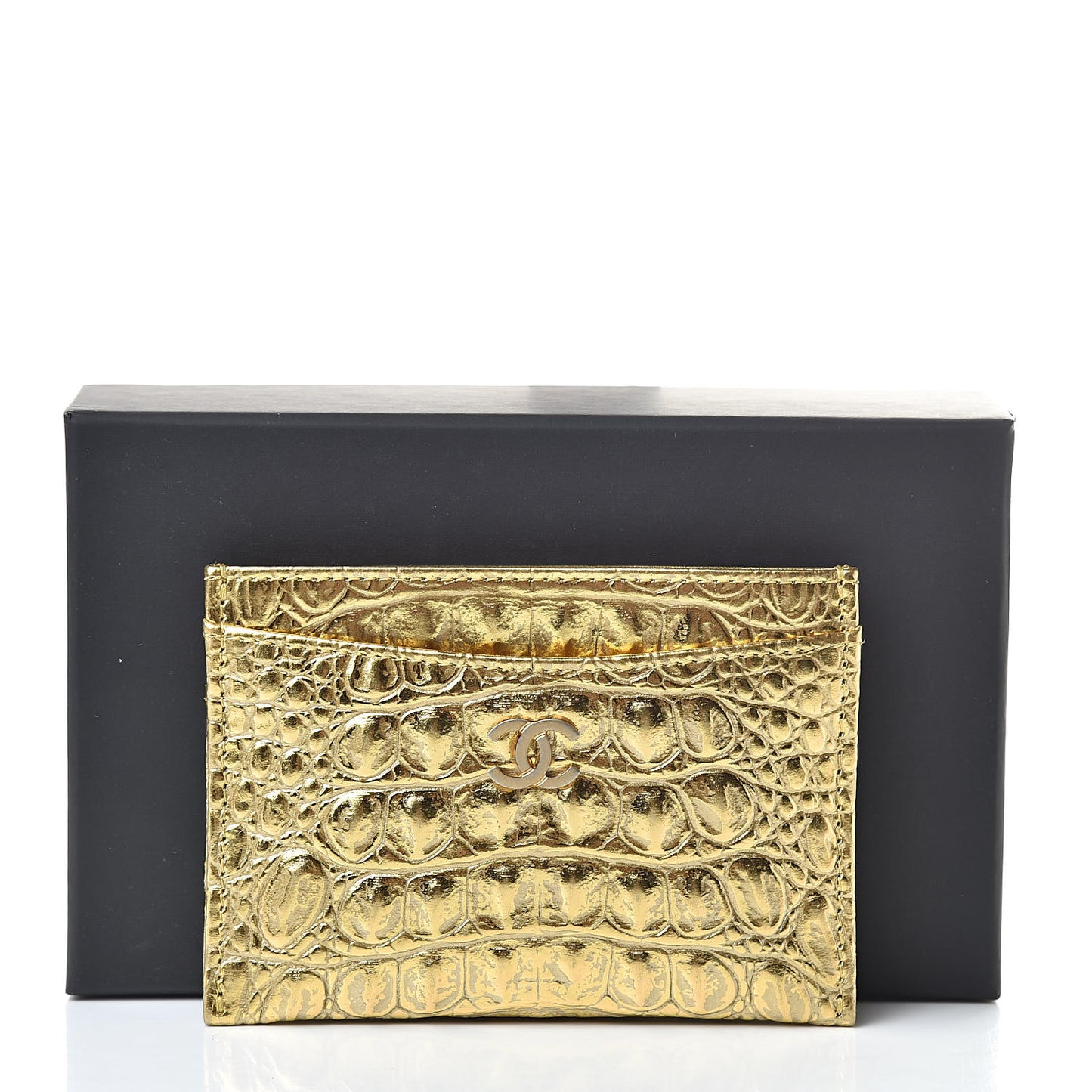 Metallic Calfskin Crocodile Embossed Cocodile Card Holder Gold